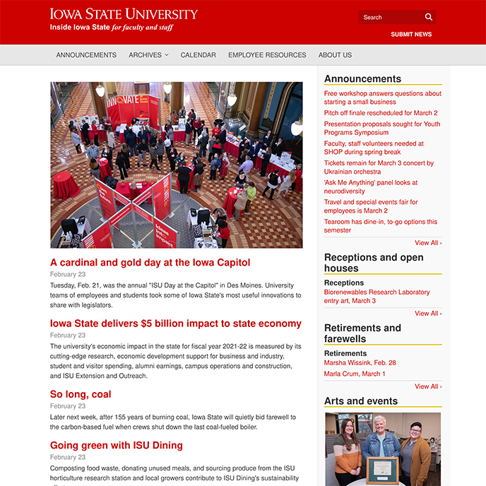 Screenshot of the Inside Iowa State homepage.