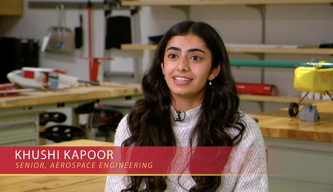 Screen capture of a news video featuring senior Khushi Kapoor.