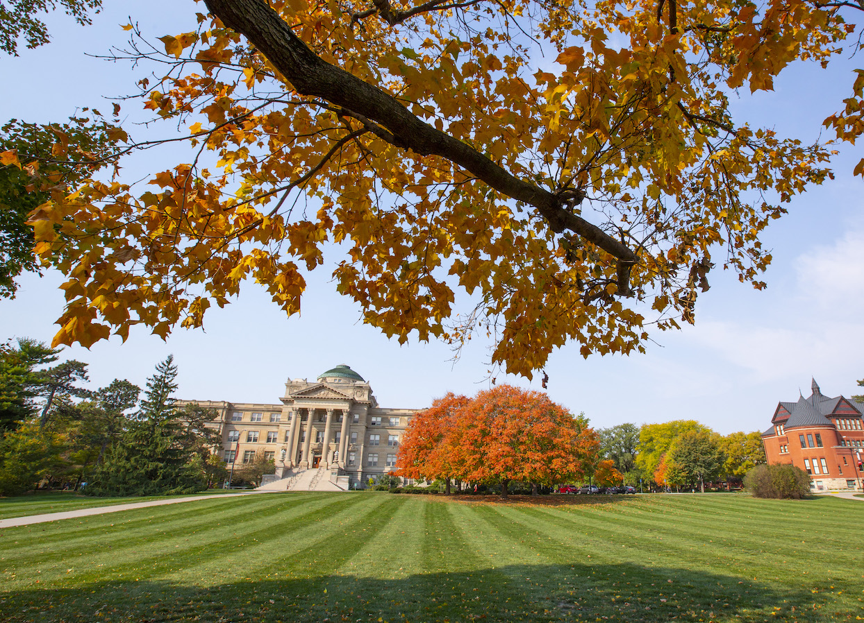 Fall view of central campus with Beardshear Hall in the distance.
